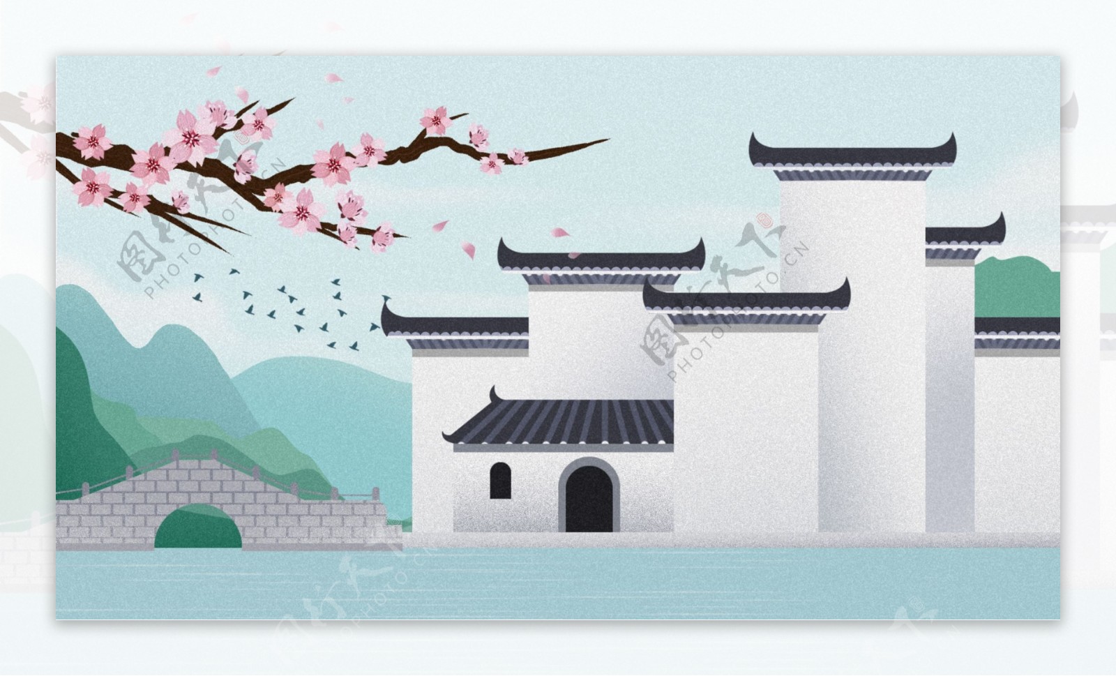 中国风古风徽州建筑插画