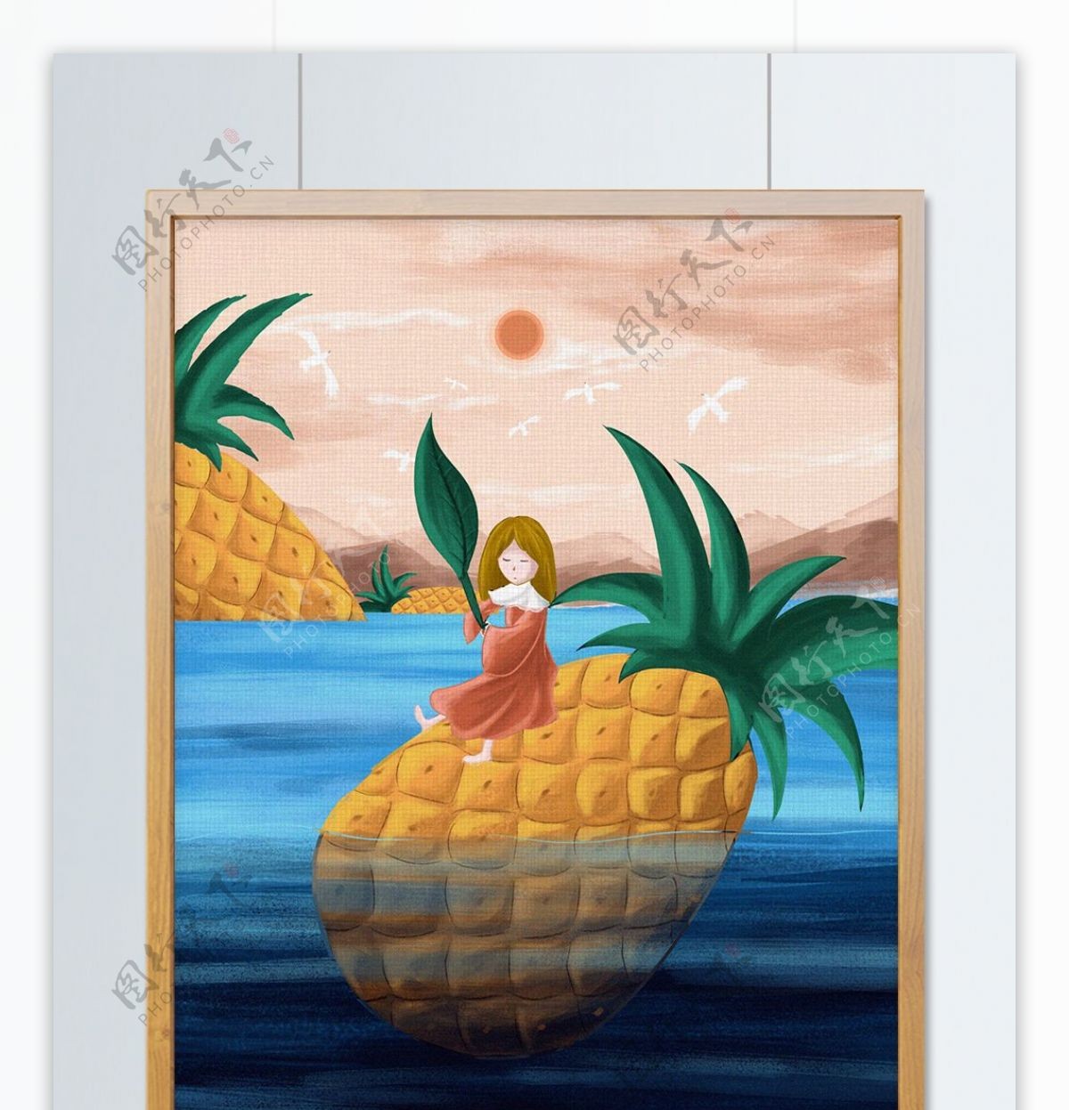 飘在海上的菠萝儿童治愈插画