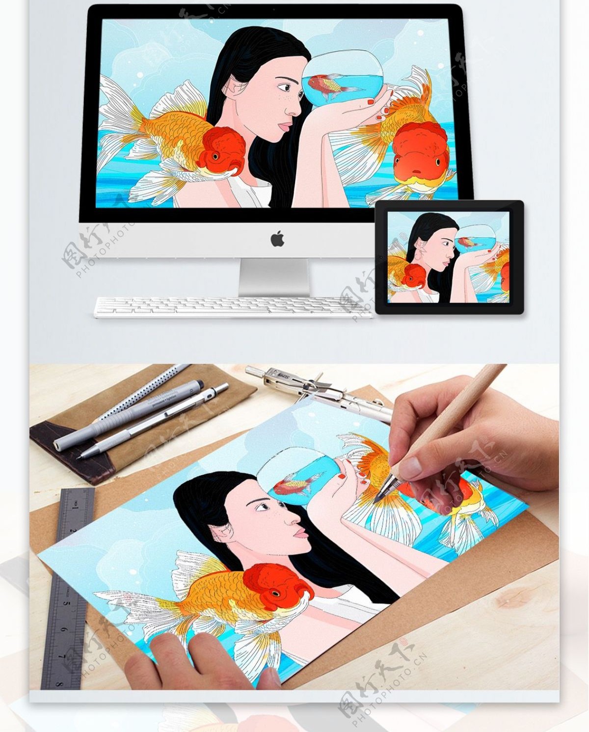 原创鱼缸中的金鱼少女与海手绘插画
