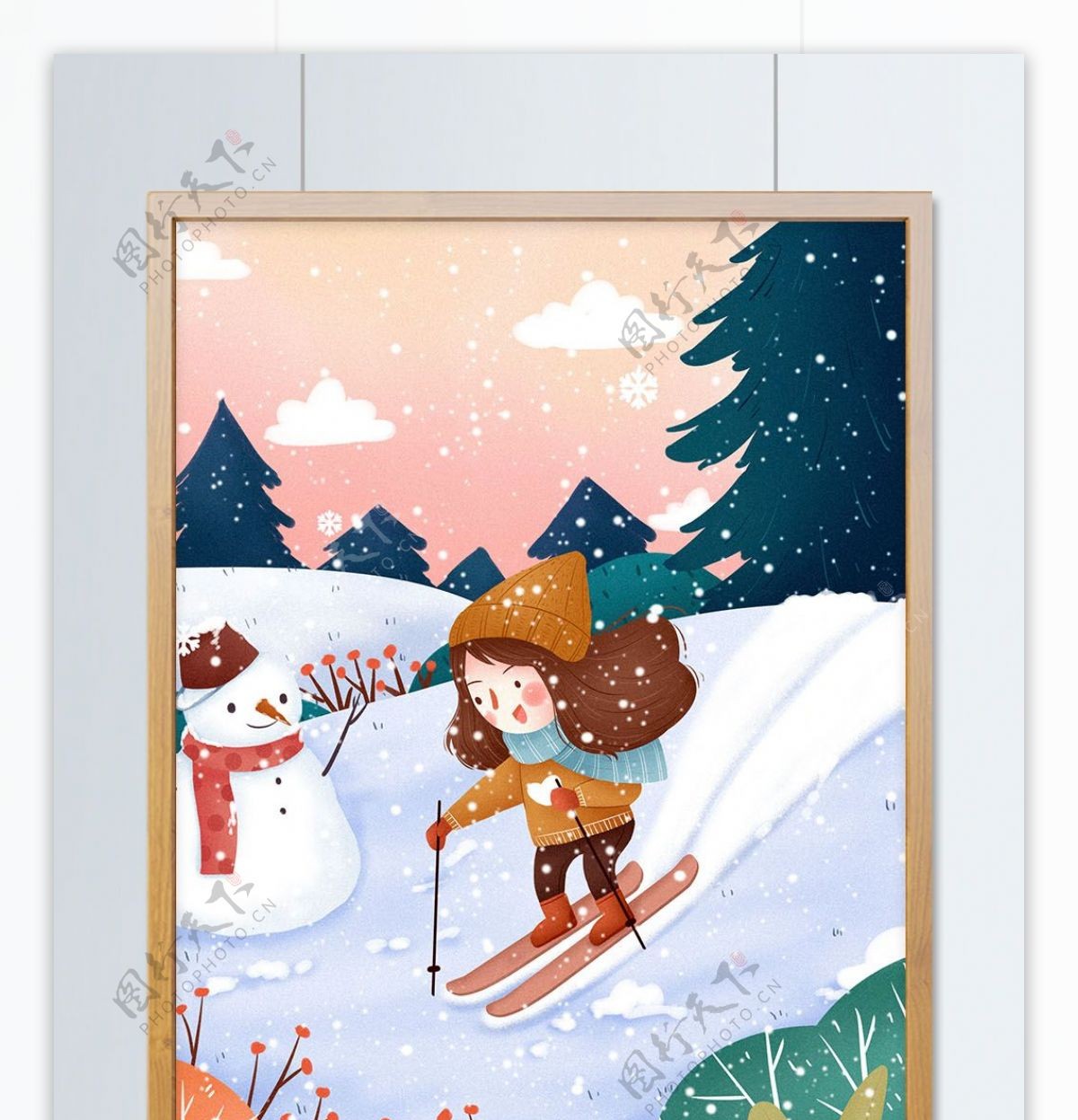 小女孩滑雪场景卡通插画