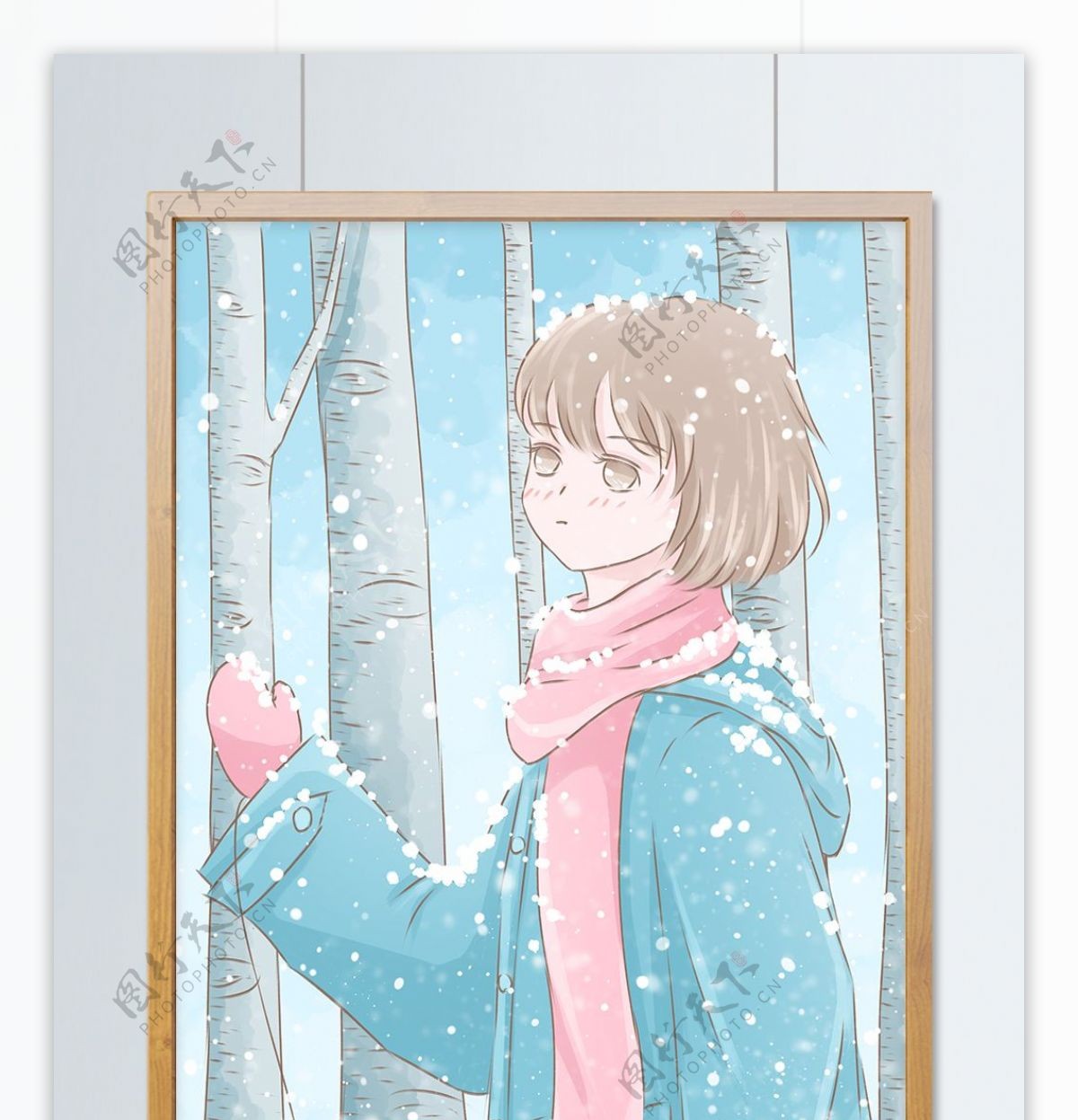 冬天你好小清新插画树林里看雪的女孩