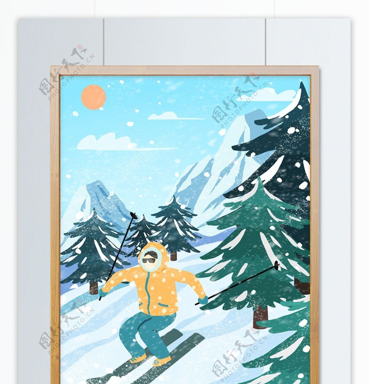滑雪场景肌理写实惬意的滑雪原创手绘插画