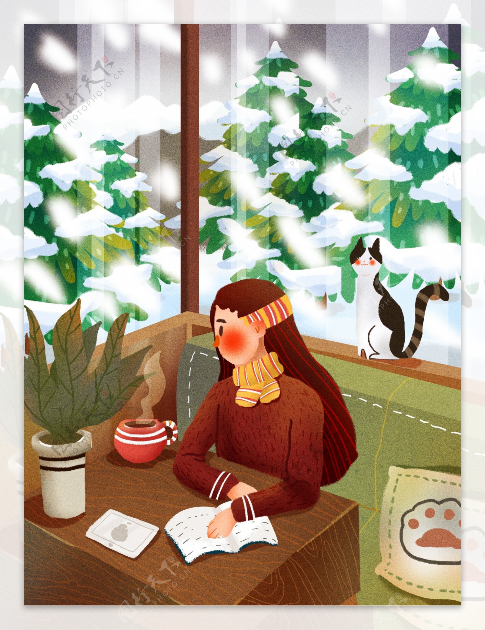 冬天你好咖啡植物猫咪少女雪景树林肌理