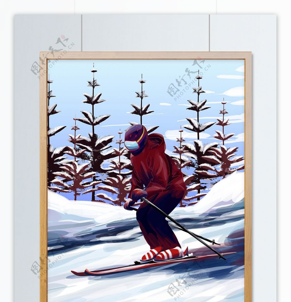 冬日雪上红色先锋滑雪商业插画