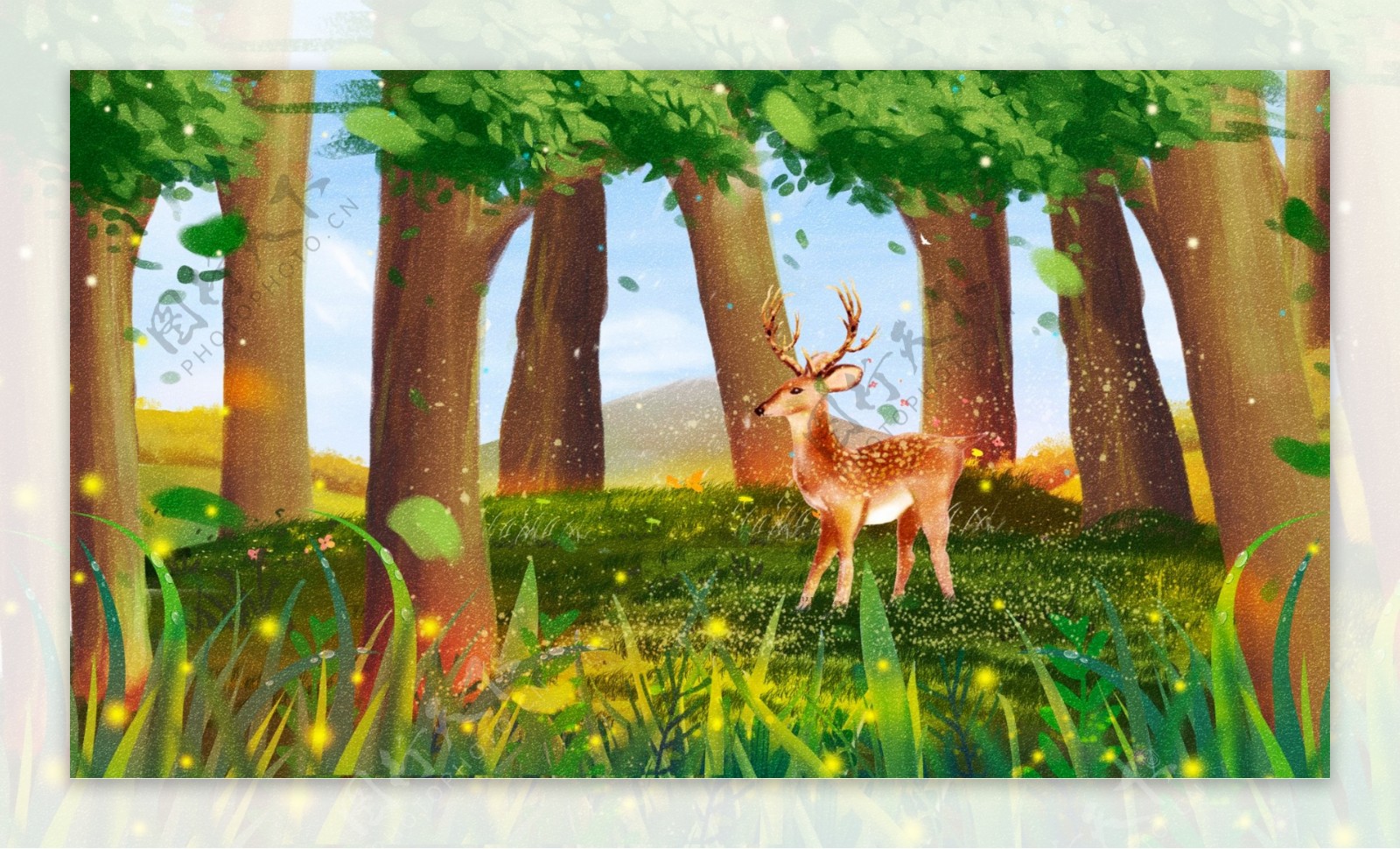 唯美创意手绘治愈系林深见鹿插画