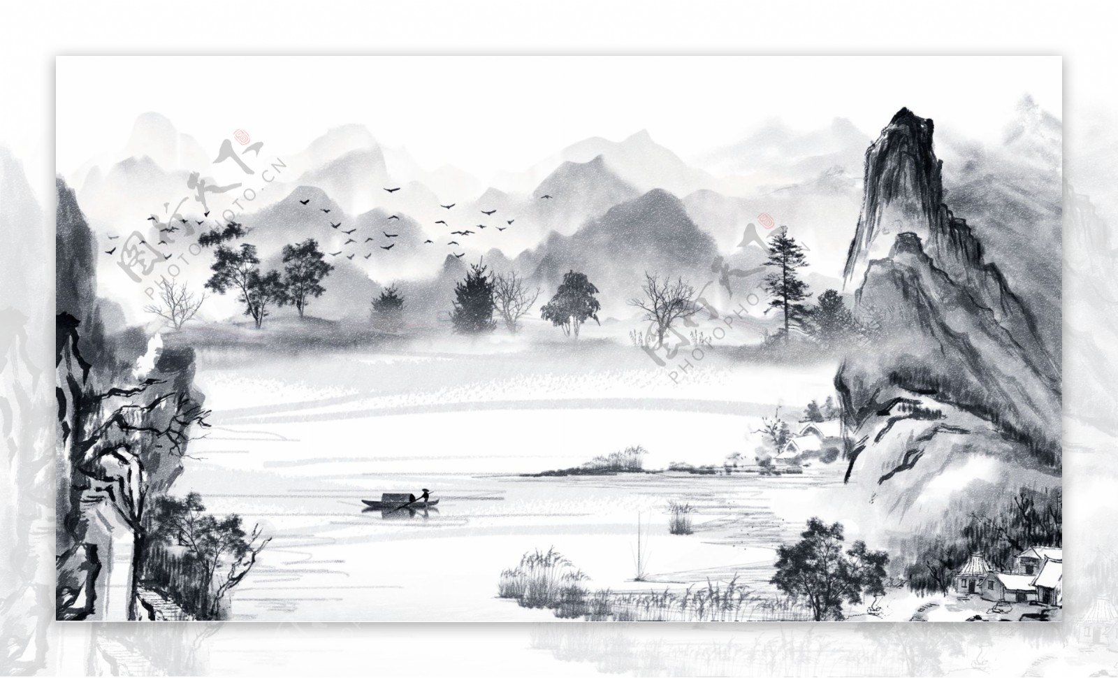 中国水古风墨画风景画唯美中国水墨插画