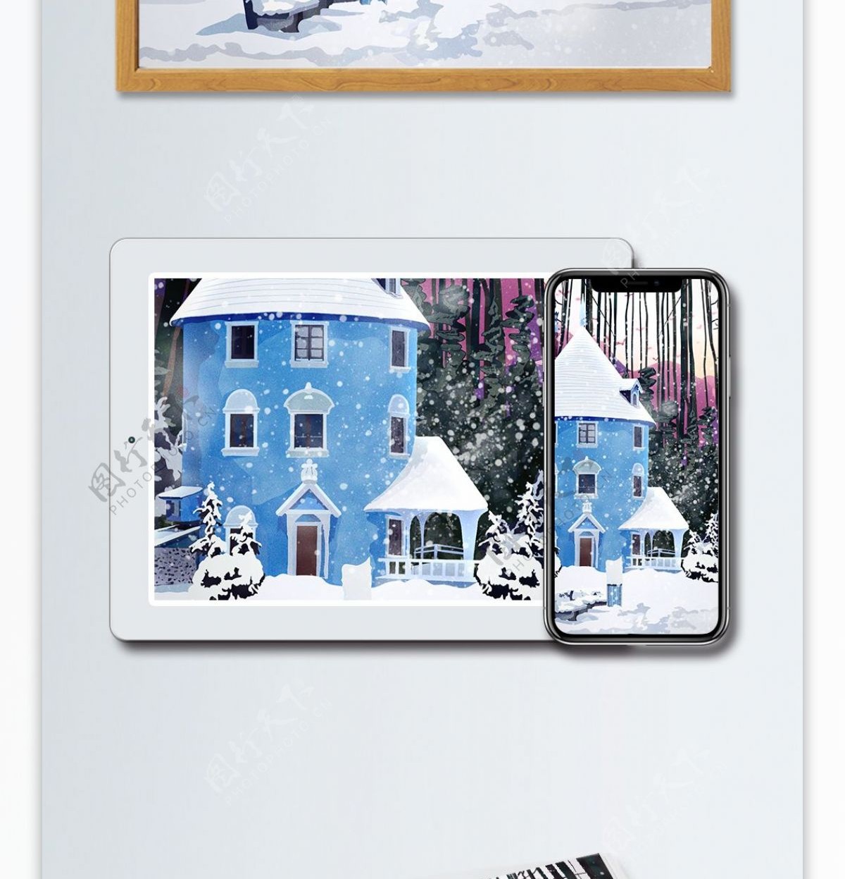 手绘写实风景图之初雪冬季风景林中蓝色小屋