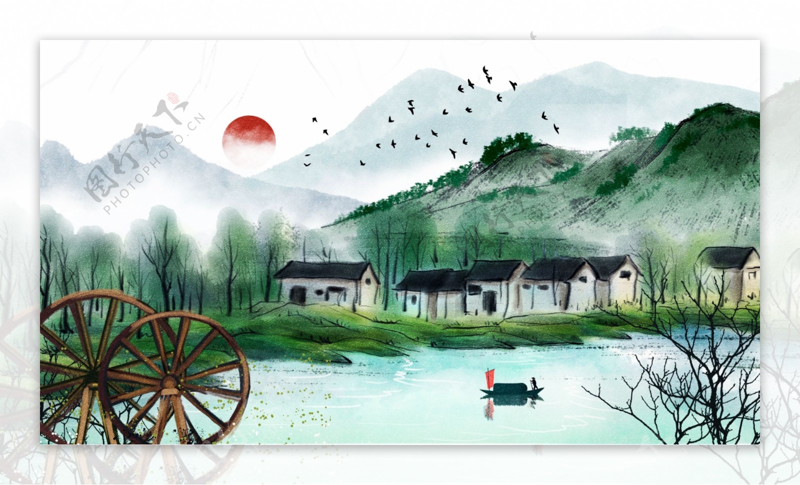 唯美手绘古风中国风水彩画水墨画插画