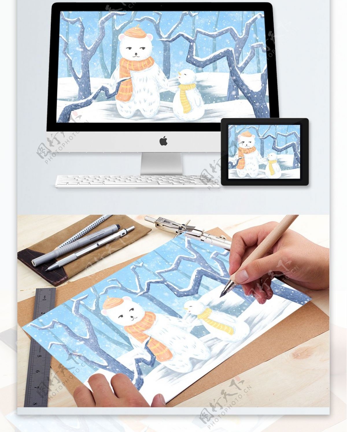 山物记插画11月你好树林雪地里的熊和雪人