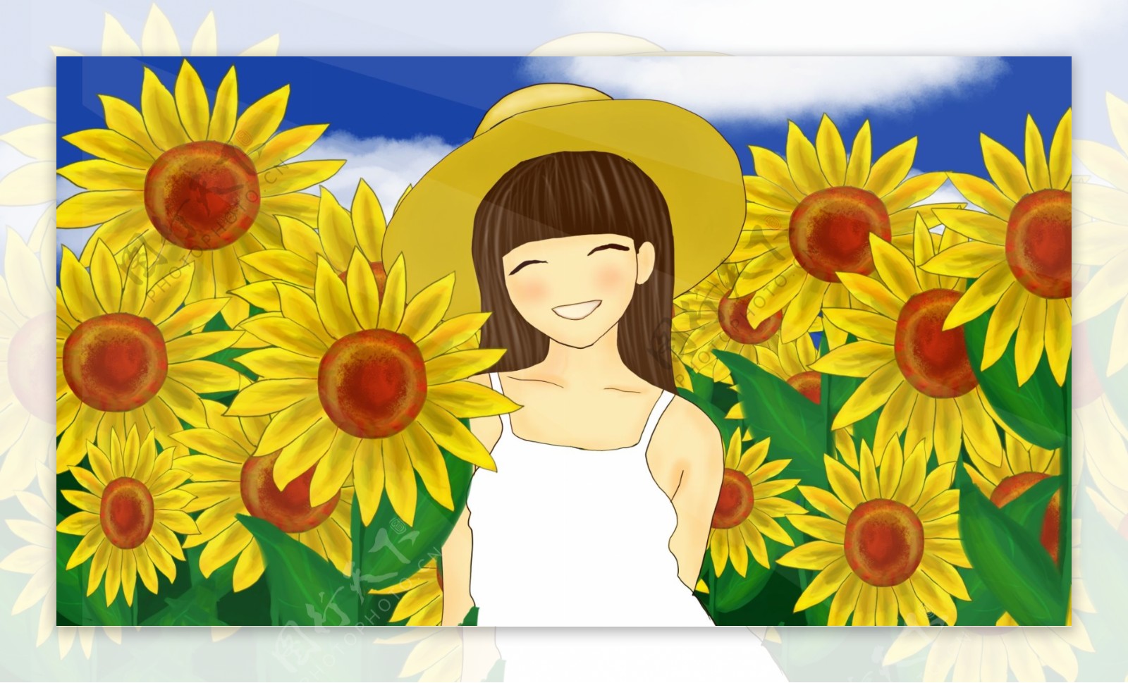 你好8月处暑向日葵中的女孩开心原创插画