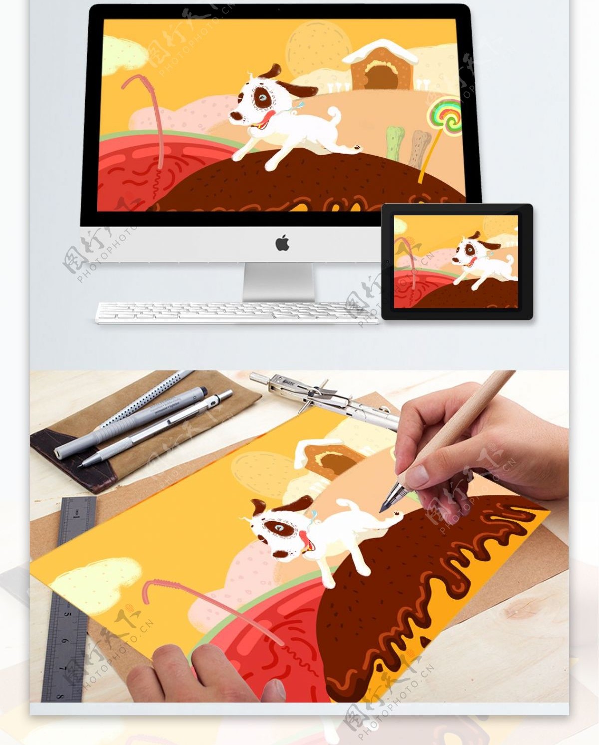 萌宠狗狗插画素材素材美食乐园水果狗粮壁纸