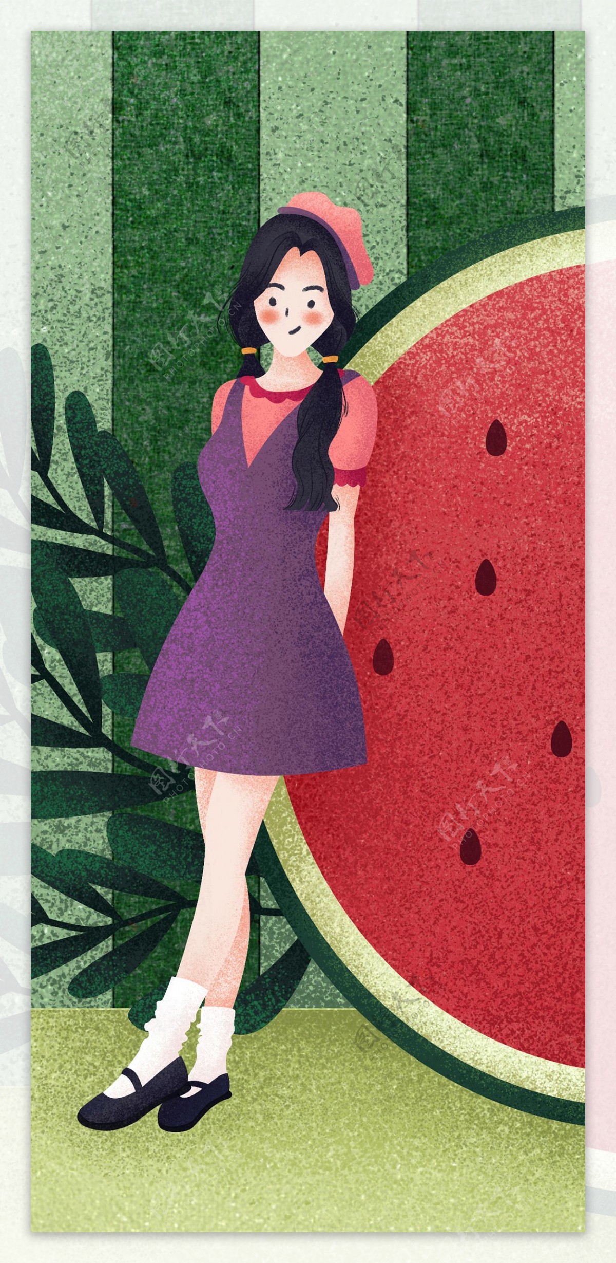 清新夏天你好夏季西瓜水果女孩原创插画海报