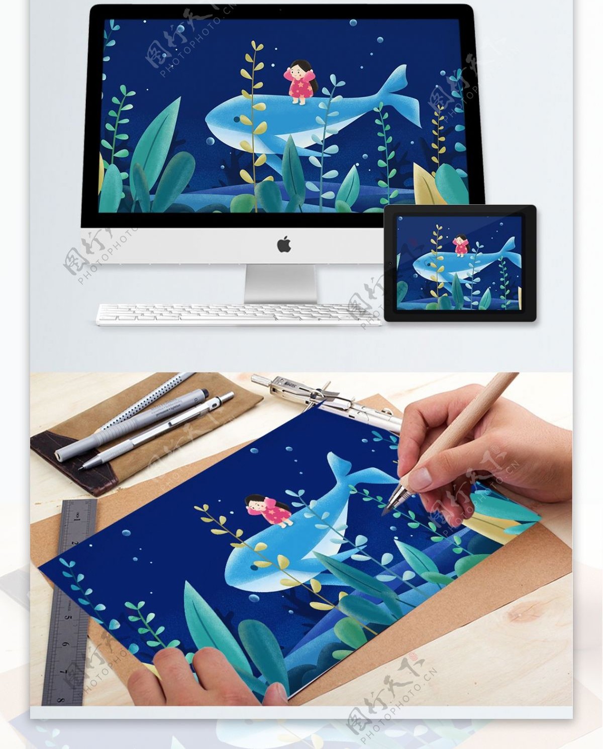 深海鲸鱼与女孩蓝色海底小清新原创插画