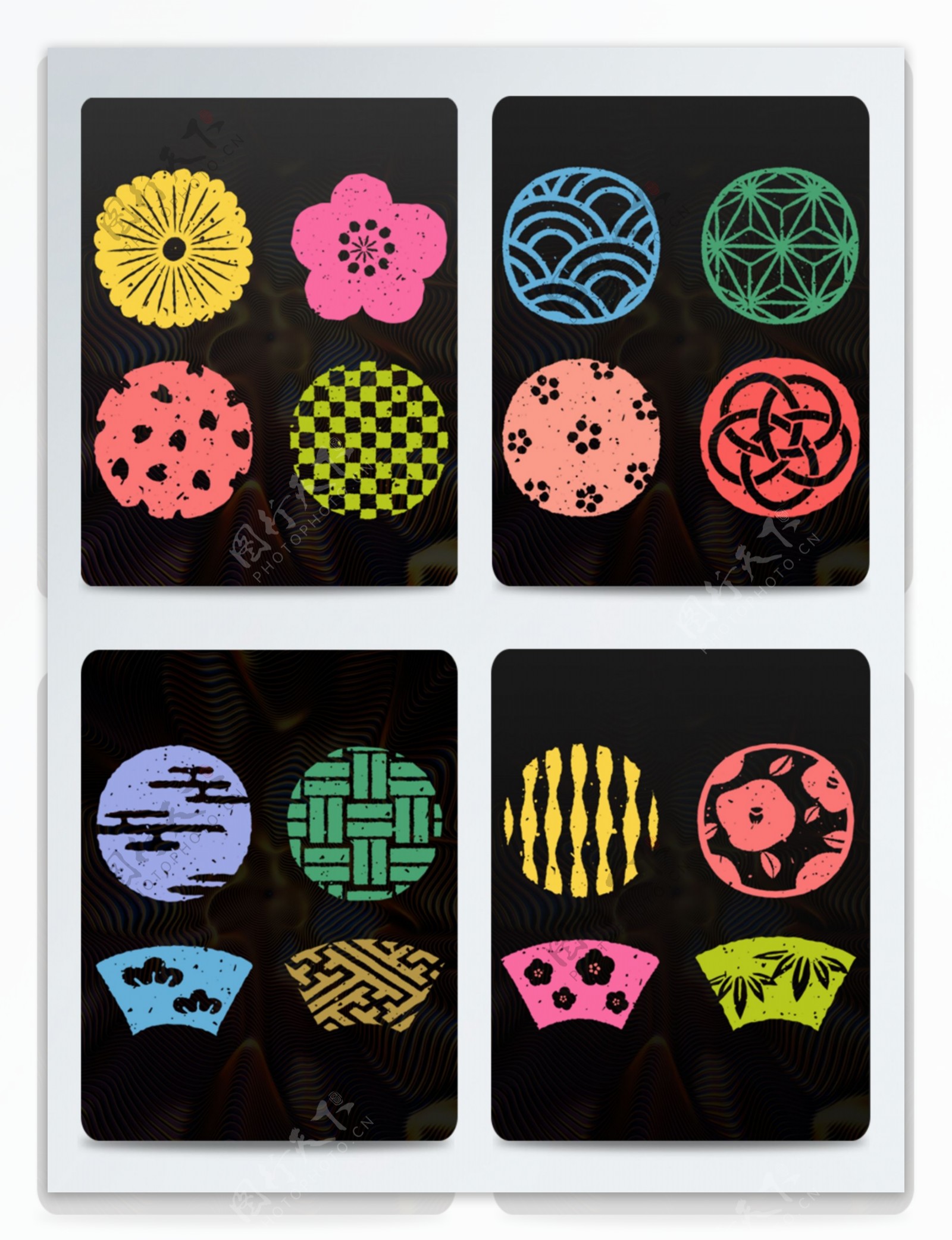 日式和风手绘风格邮票和柄装饰图案16种
