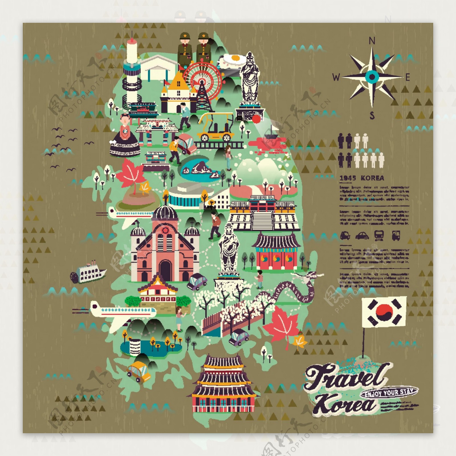 创意韩国旅行地标美食手绘地图矢量素材