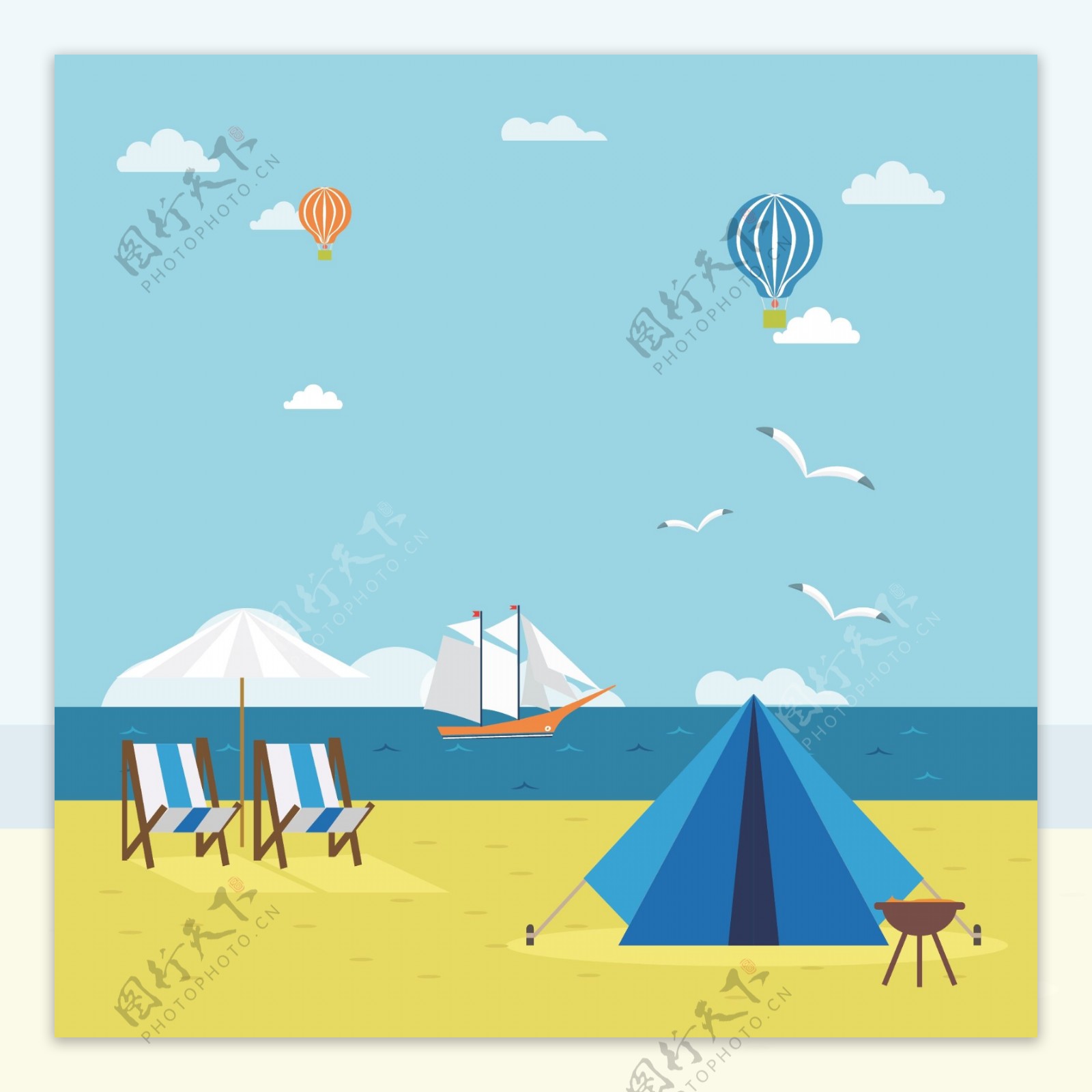 蓝色手绘夏季海边度假海报矢量背景
