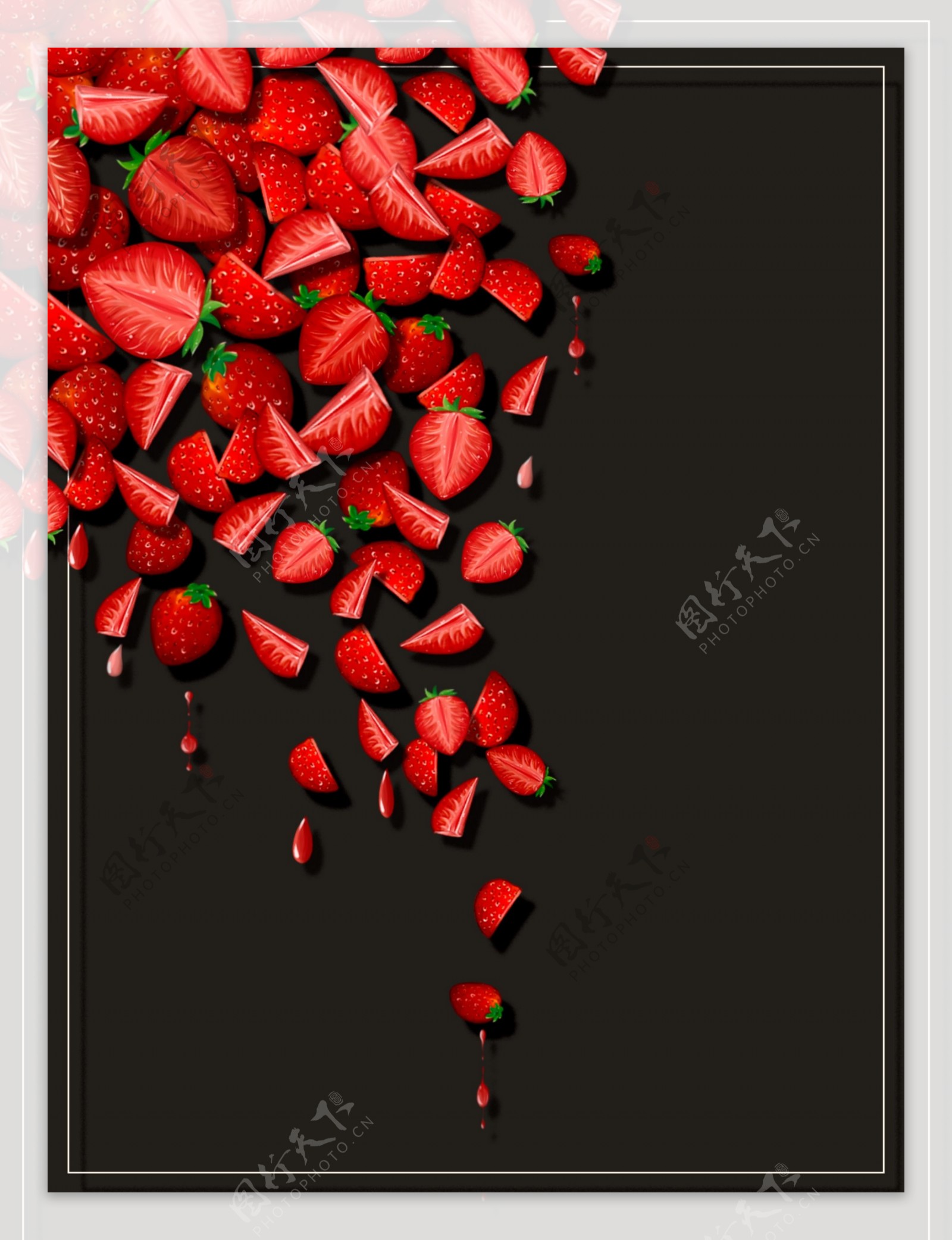 纯手绘原创红色草莓小清新水果食物黑色背景