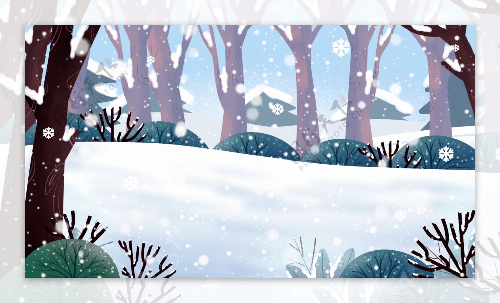 手绘冬季树林雪花背景素材