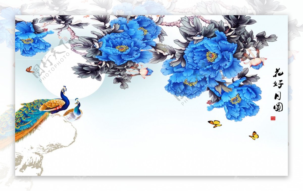 蓝色牡丹花背景墙装饰画