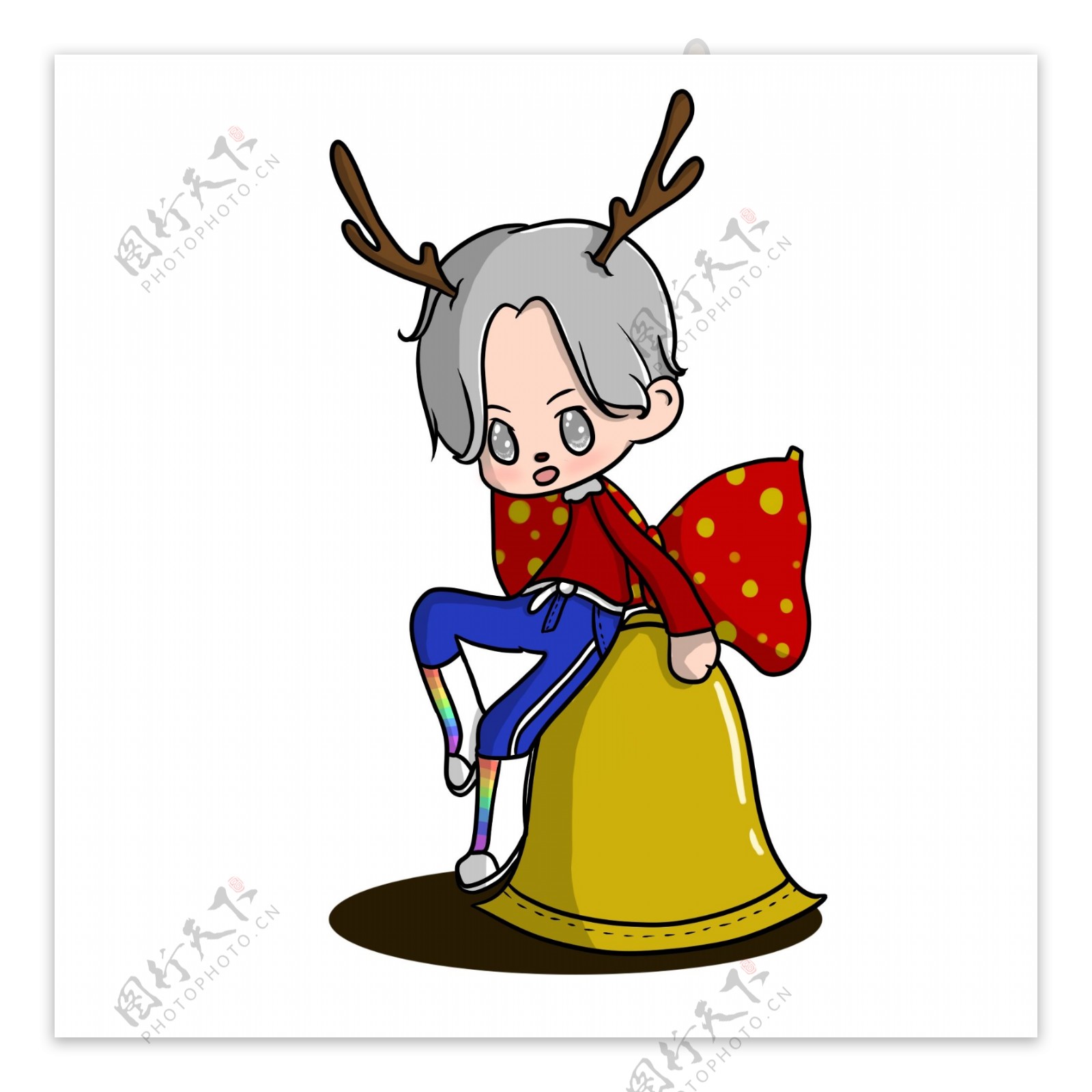 原创手绘Q版人物圣诞节坐在铃铛上元素