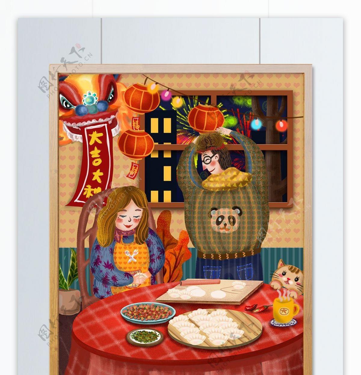 新年过年小年新春包饺子舞狮灯笼家庭温馨