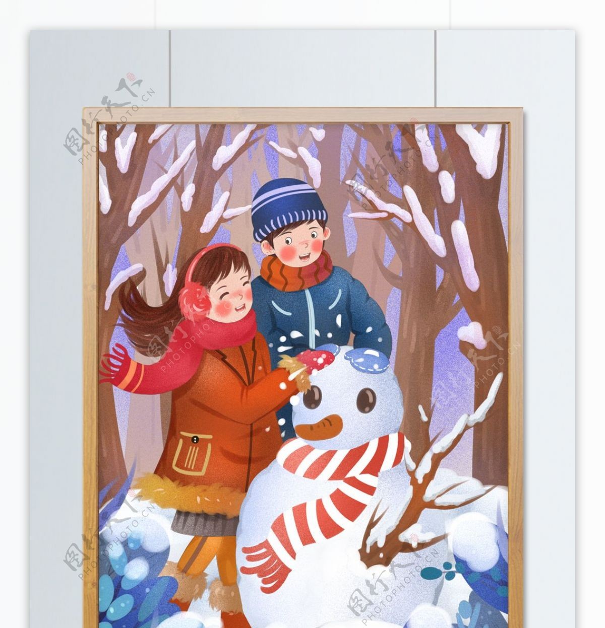 情侣冬季日常户外一起堆雪人清新噪点插画