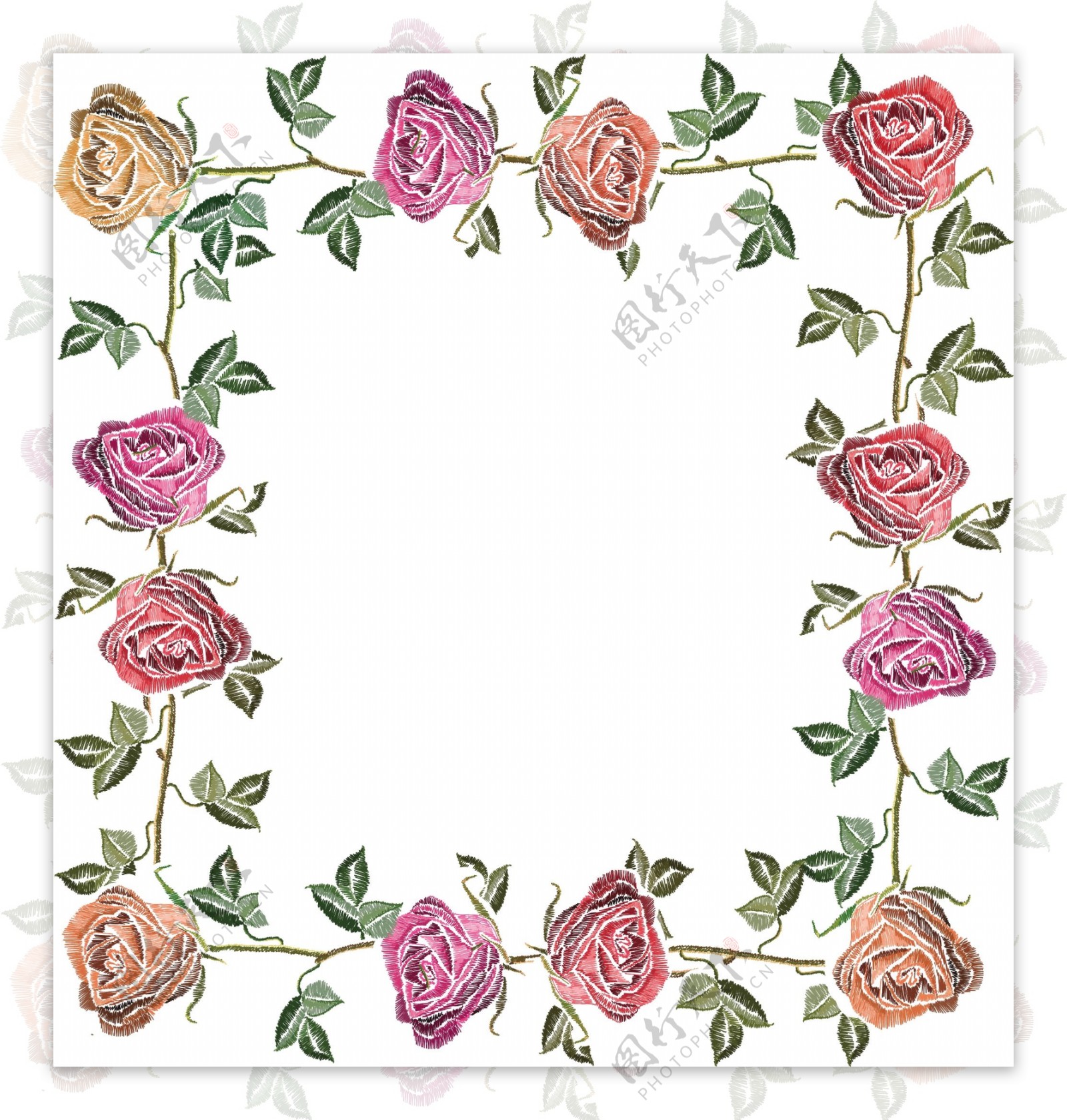 玫瑰花刺绣肌理花边框设计素材