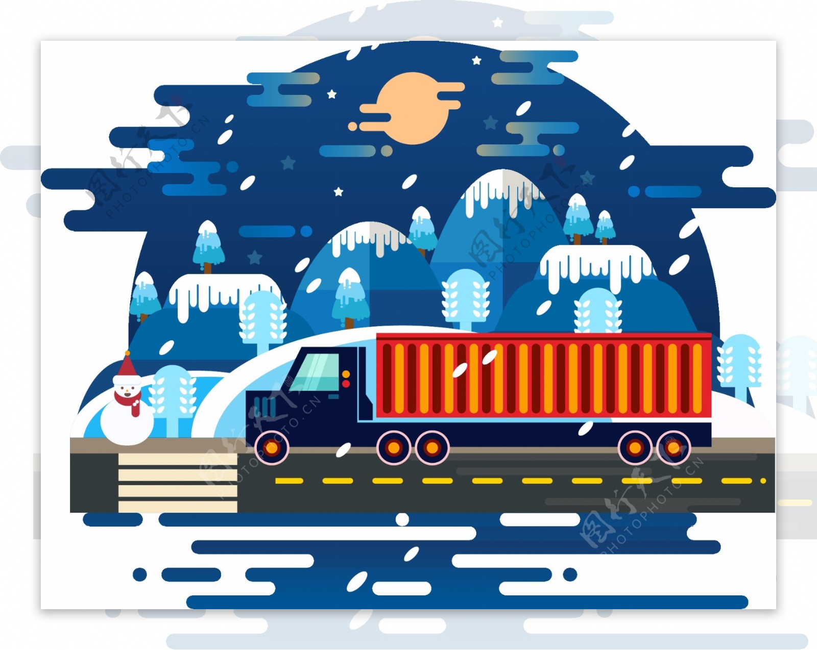 冬季简约扁平交通工具装货卡车矢量商用元素