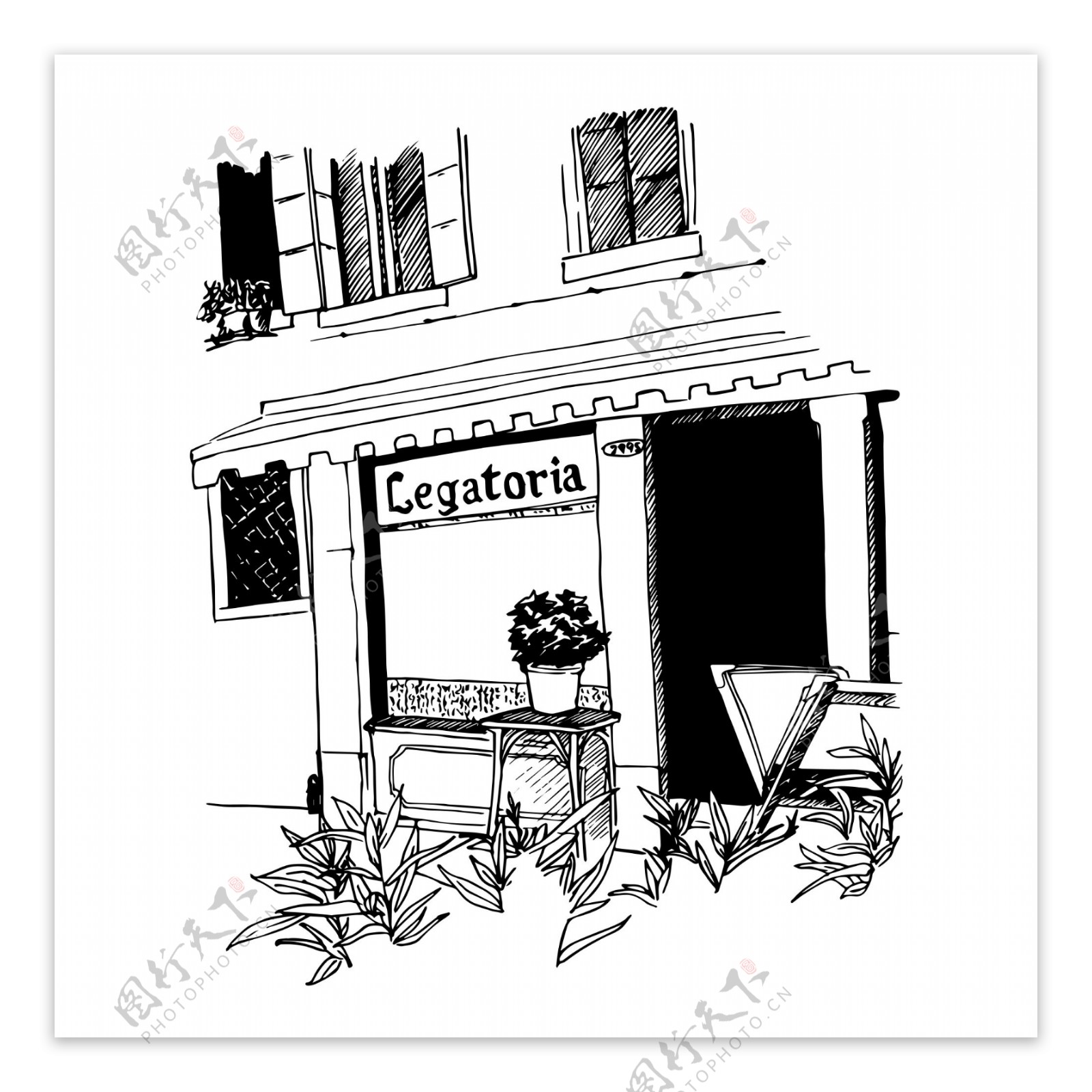 黑白咖啡厅门前插画元素
