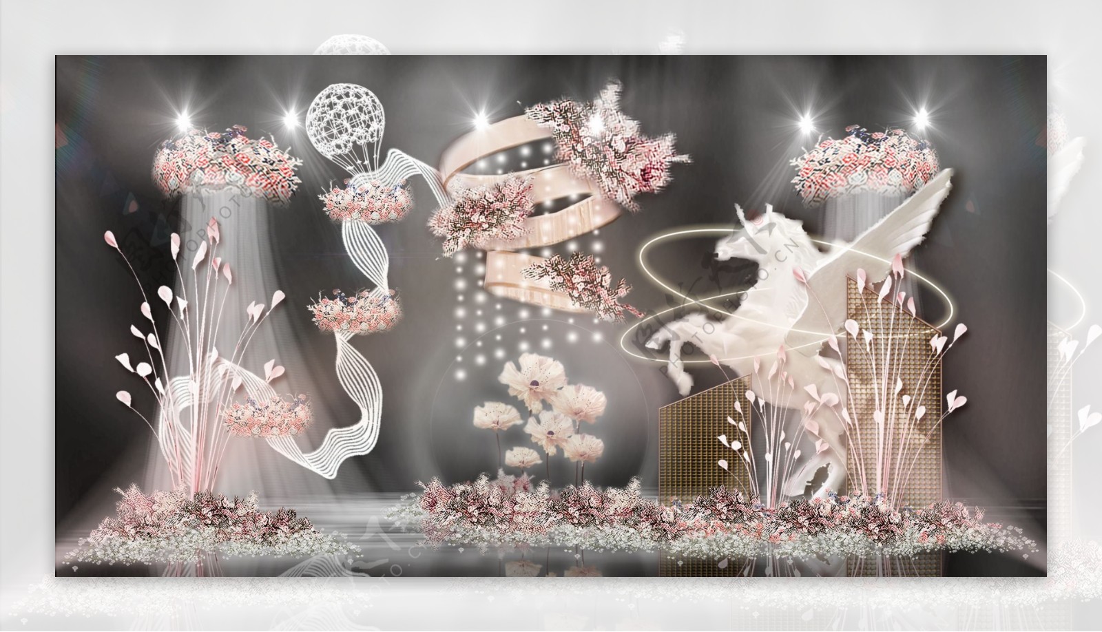 梦幻开放式舞台飞马花朵水晶球婚礼效果图