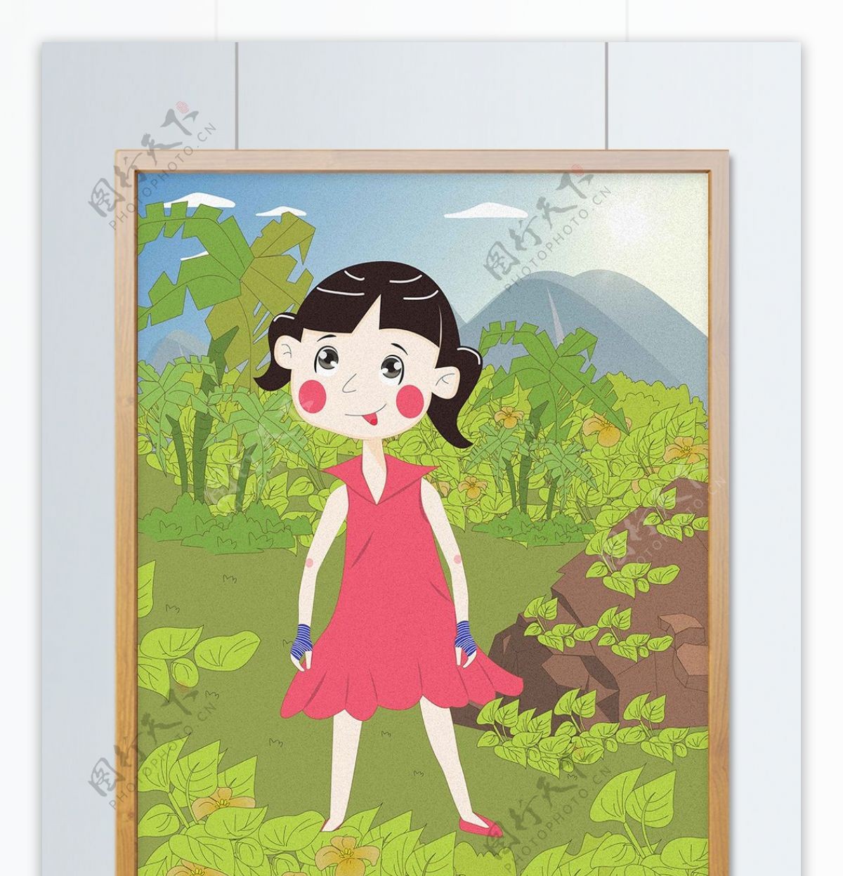 3月你好之绿色植物环绕的小女孩扁平风插画