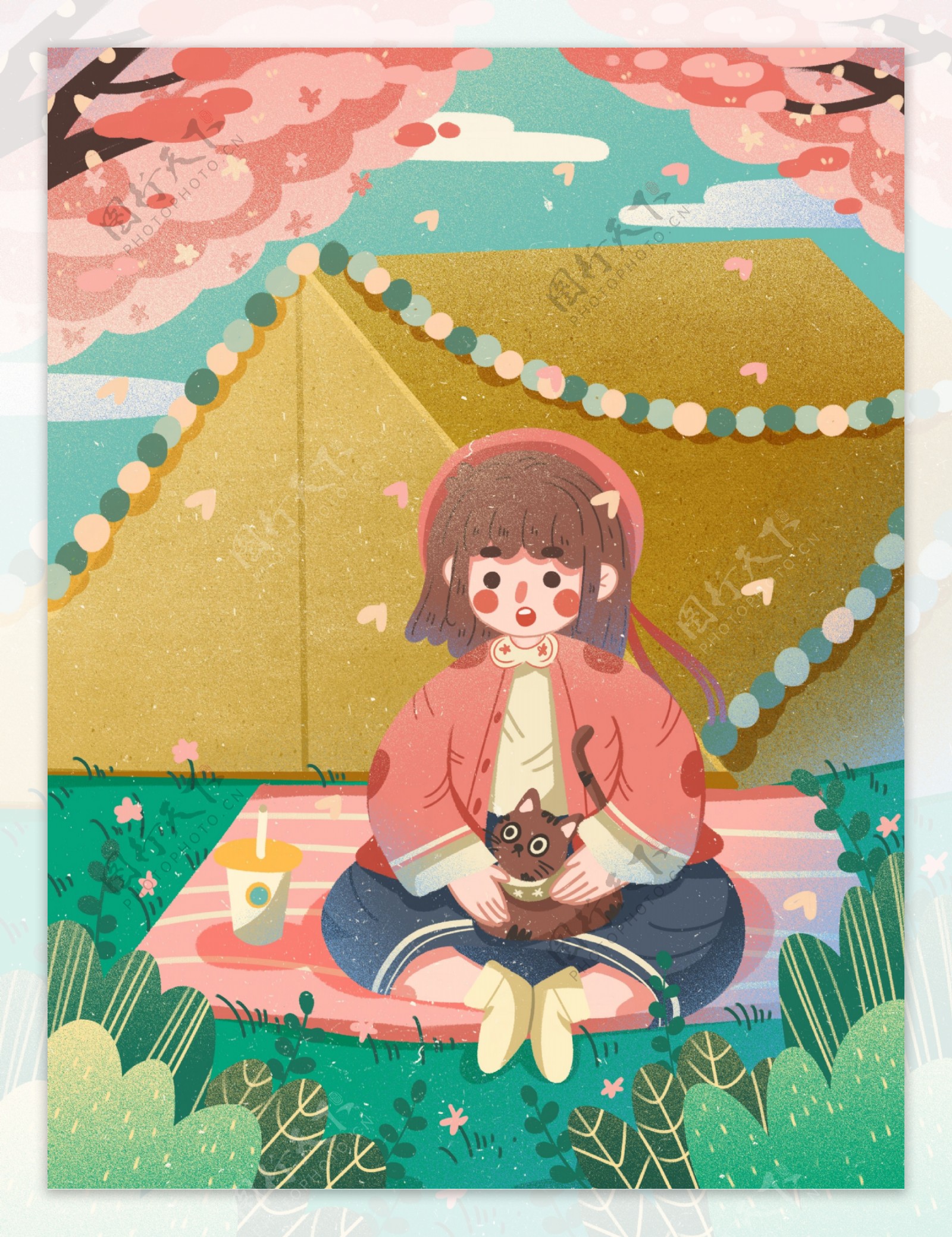 扁平三月樱花盛开在草地上野餐的女孩帐篷