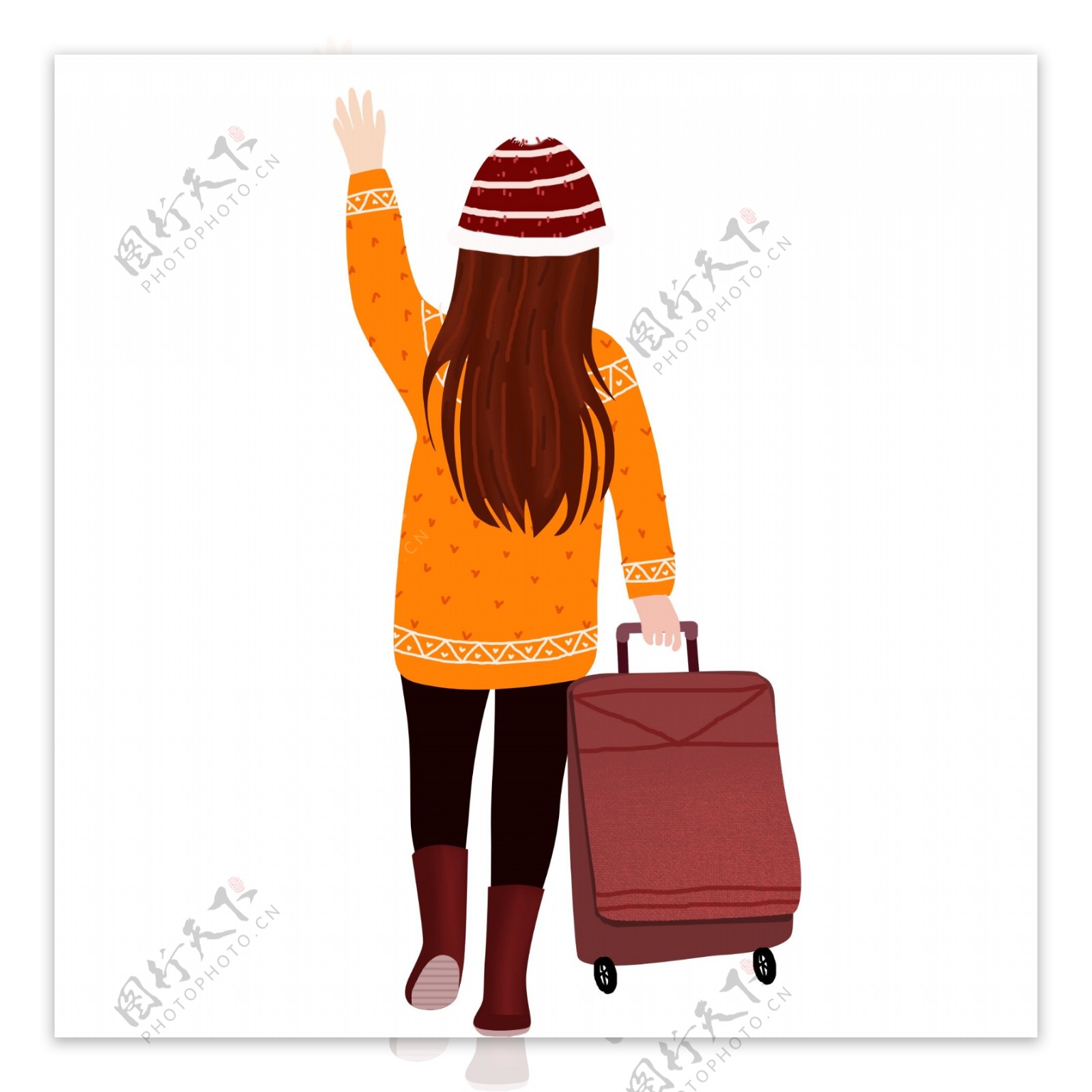 卡通手绘-拉着行李箱女孩旅游-好图网