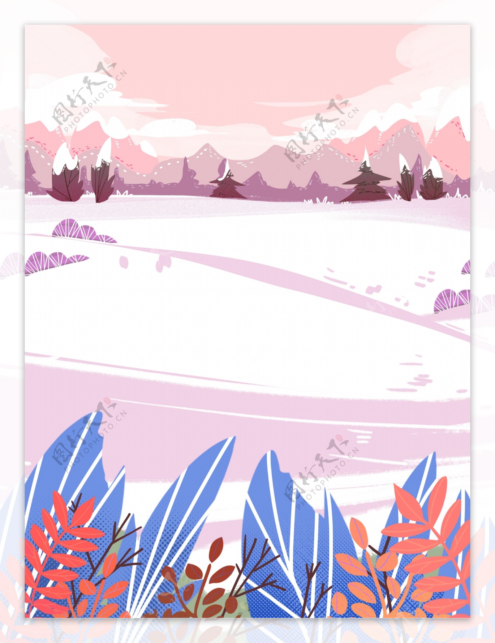 手绘冬季雪地花丛背景设计