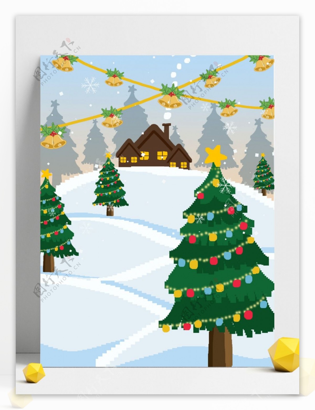 手绘冬季雪地圣诞树背景设计