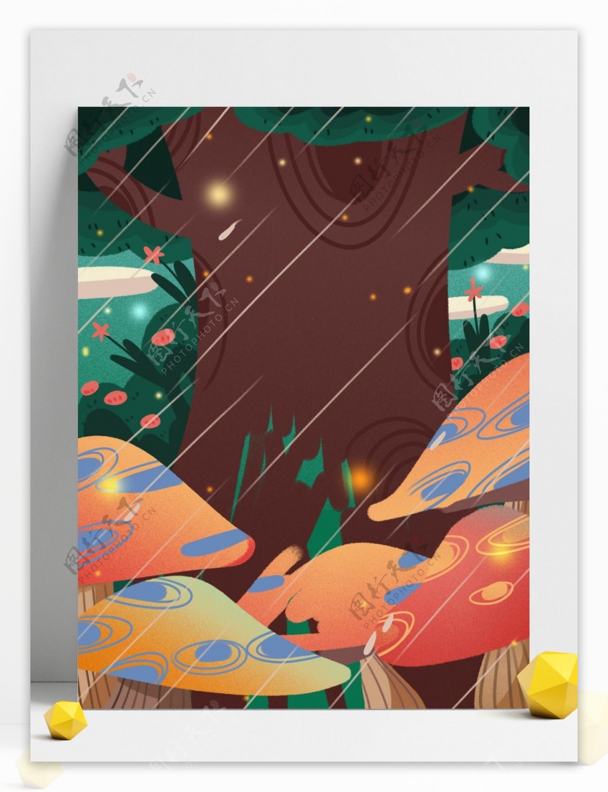 传统雨水节气深林里蘑菇背景设计
