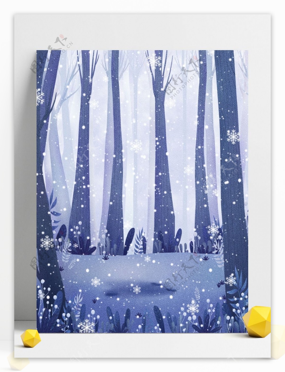 手绘冬季树林下雪背景设计