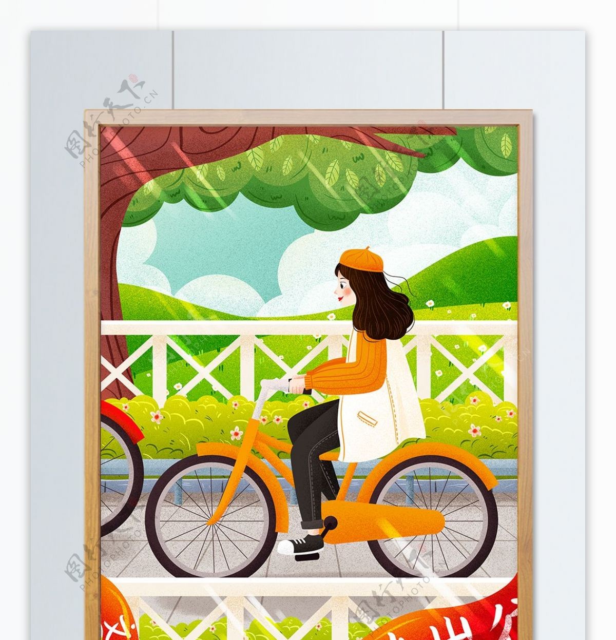 文明绿色低碳出行骑自行车女孩插画