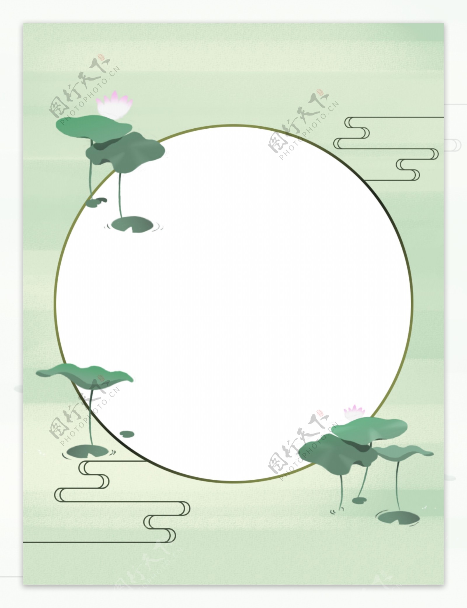 原创手绘夏季荷叶荷花绿色圆形背景素材