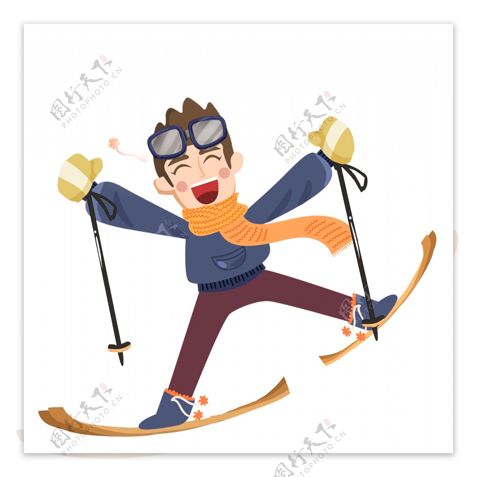 卡通可爱开心滑雪的男人