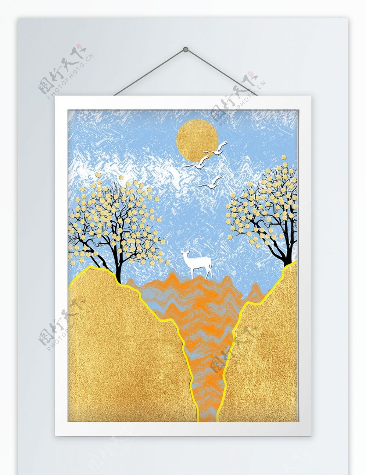 原创手绘水彩抽象黄金果树装饰画
