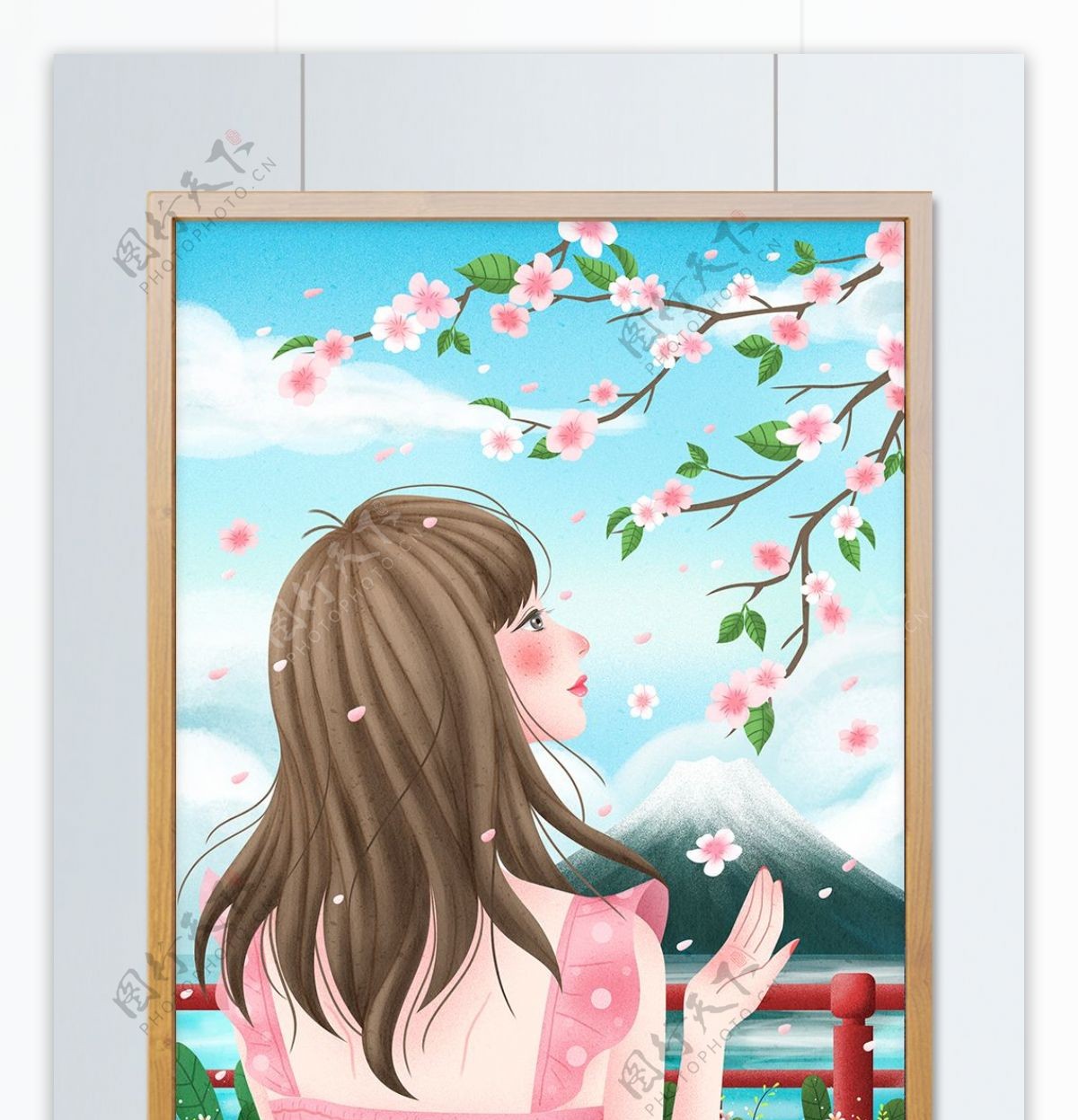 日本樱花节清新唯美女孩赏樱手绘插画