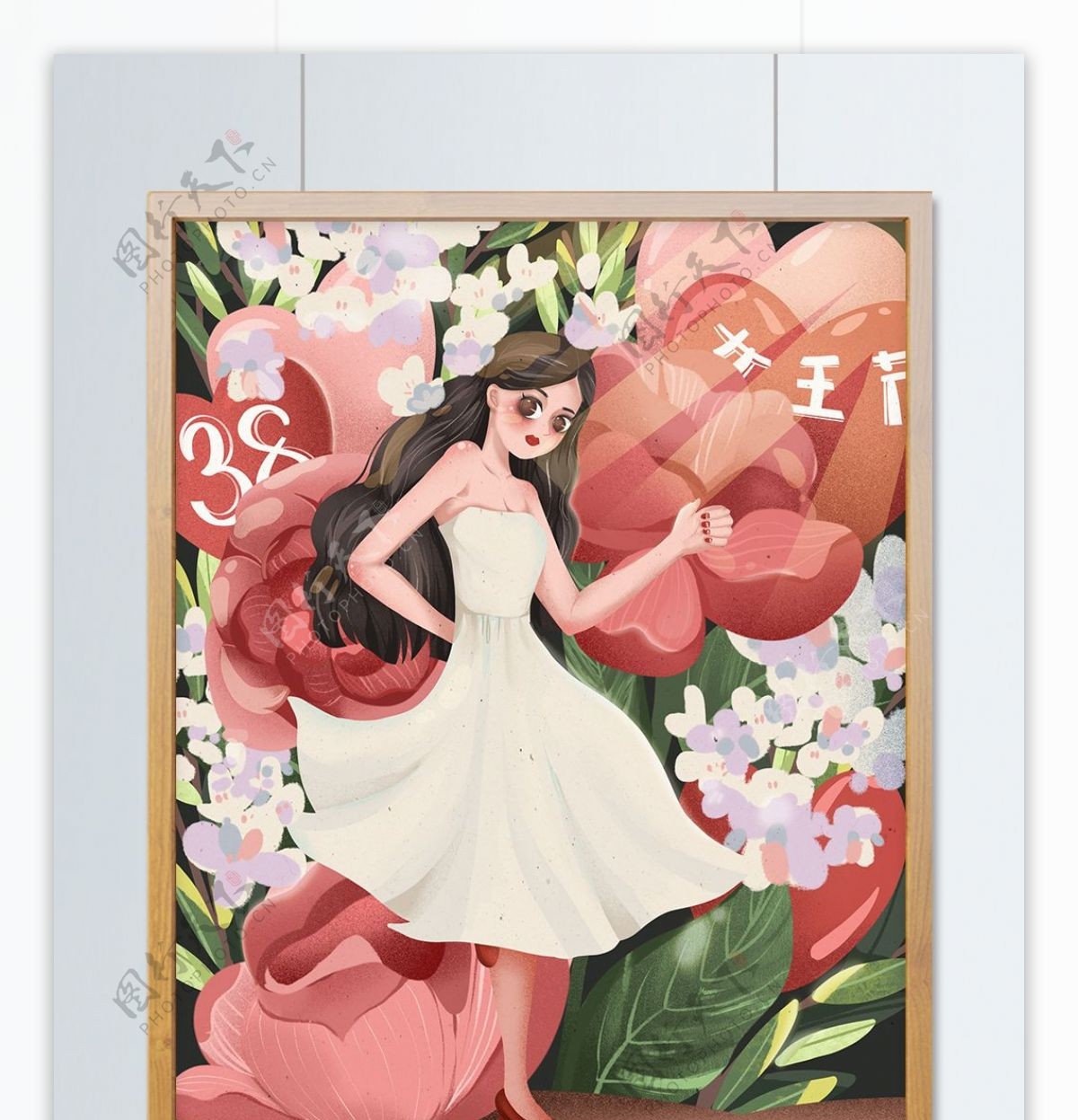 38女王节女孩和花卉温馨浪漫插画