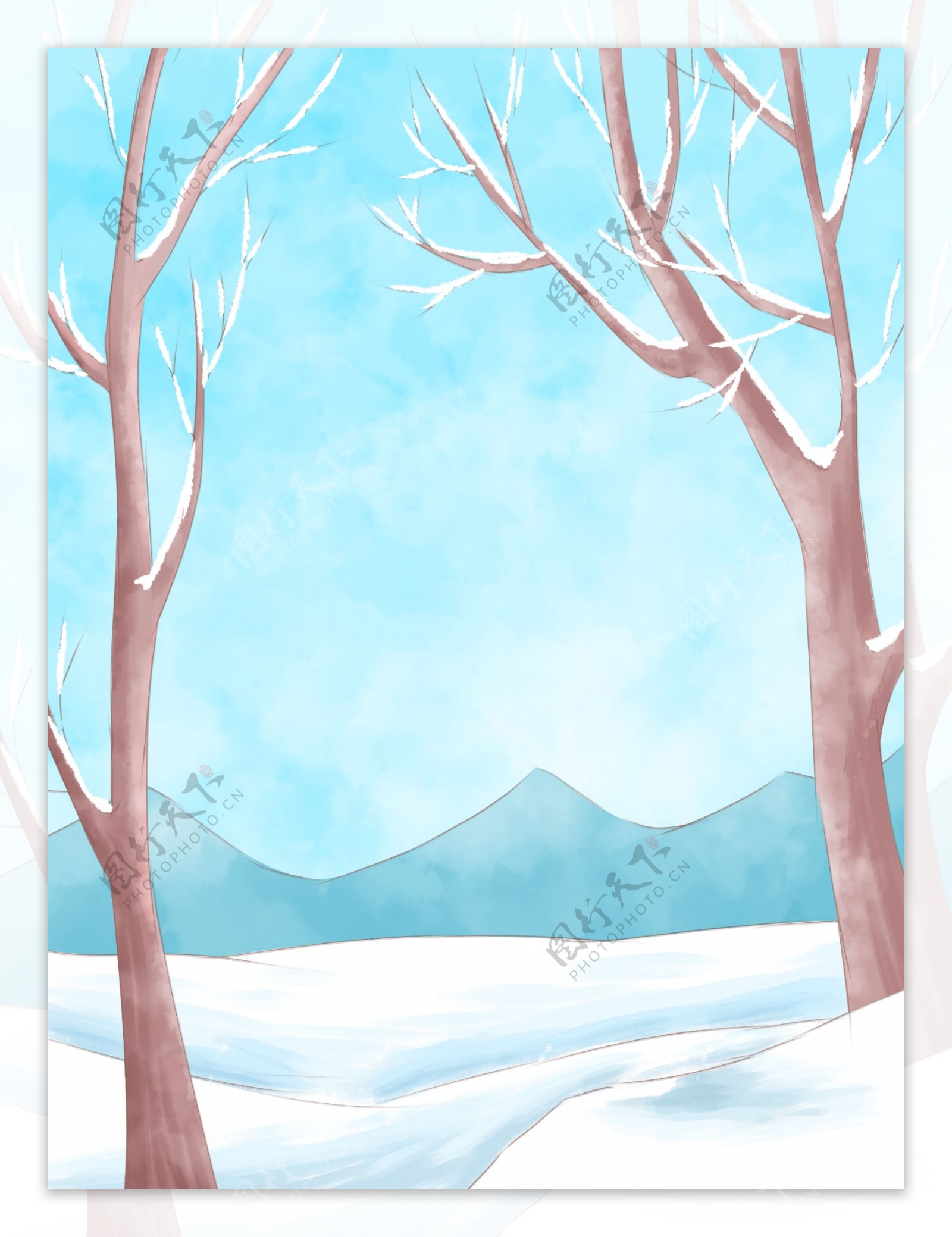 手绘蓝色树林雪地背景设计
