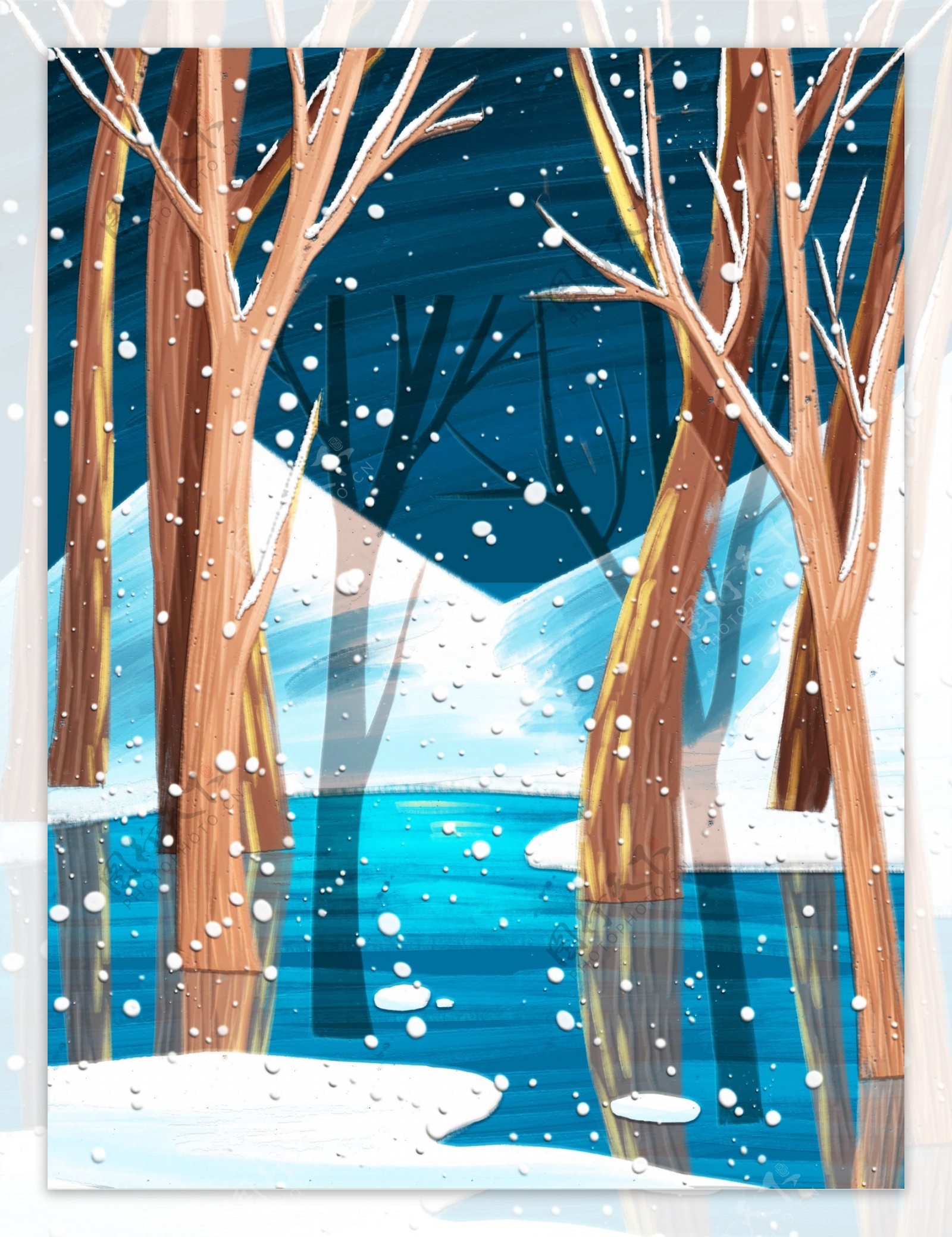 手绘冬季树林雪山风景背景设计