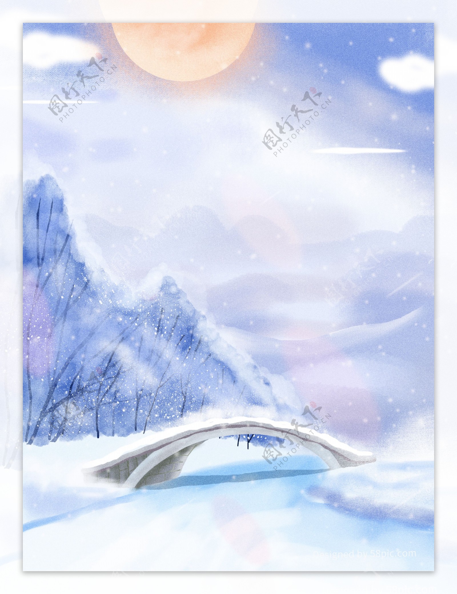 唯美手绘冬季雪景背景设计