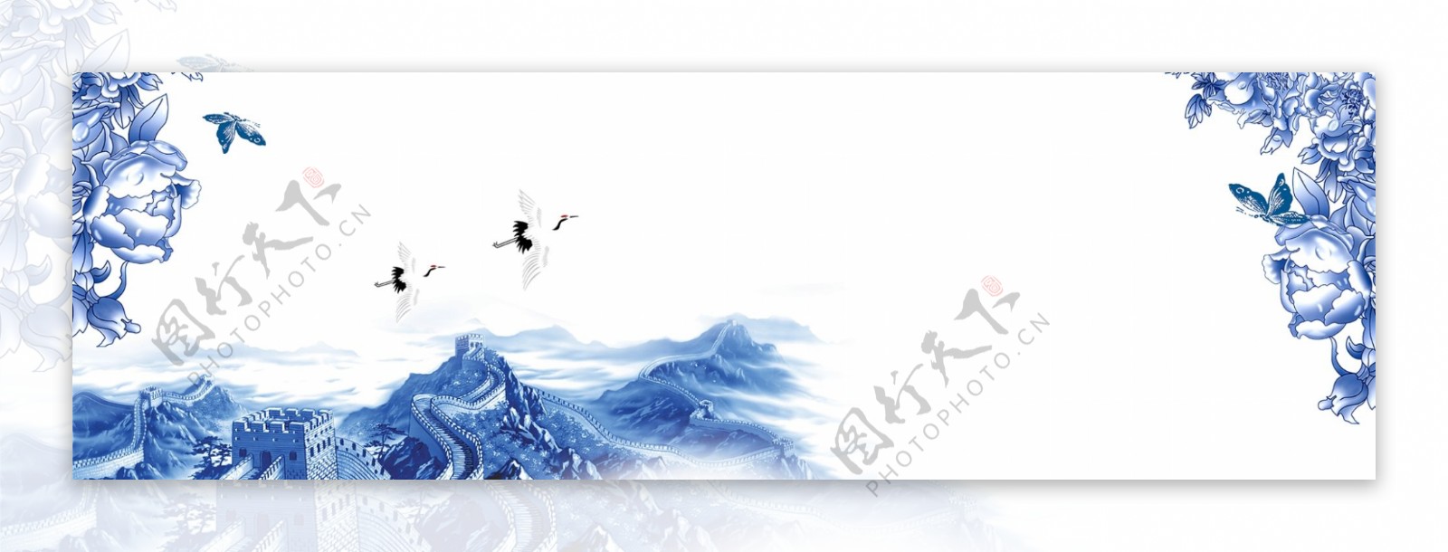 中国风青花瓷山水海报
