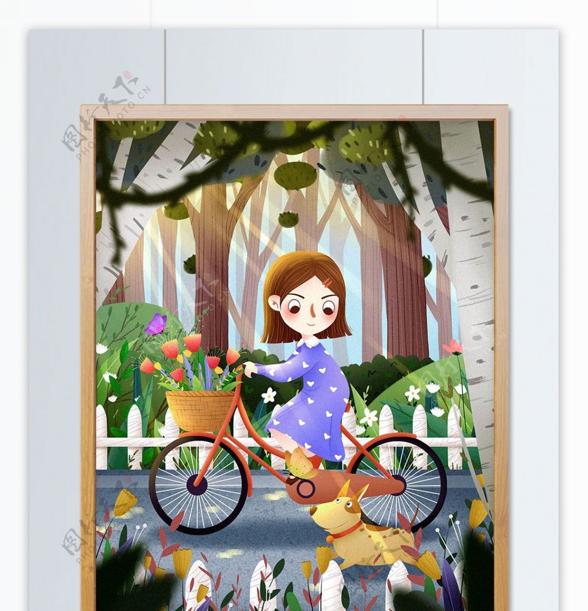 绿色出行自行车的女孩低碳环保插画