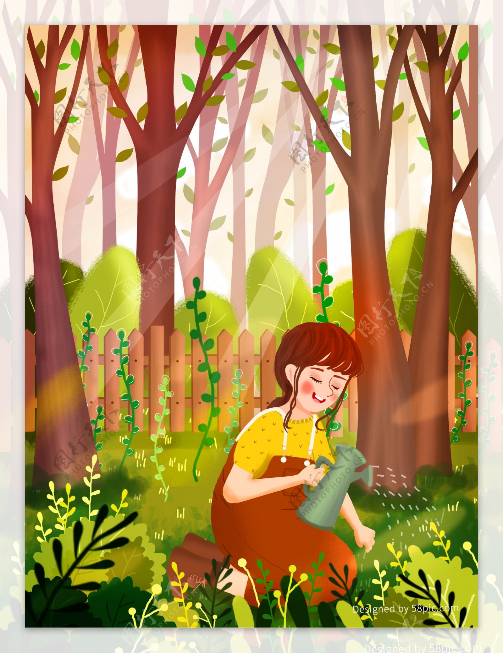 原创阳光树林里浇树女孩唯美植树节插画