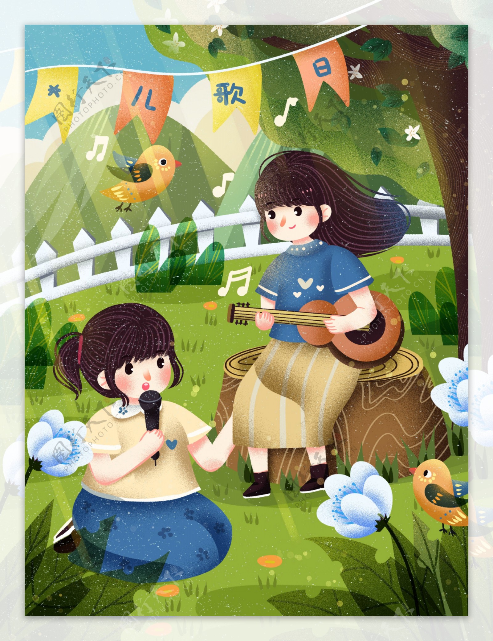 世界儿歌日小朋友在草地唱歌弹琴大自然音乐
